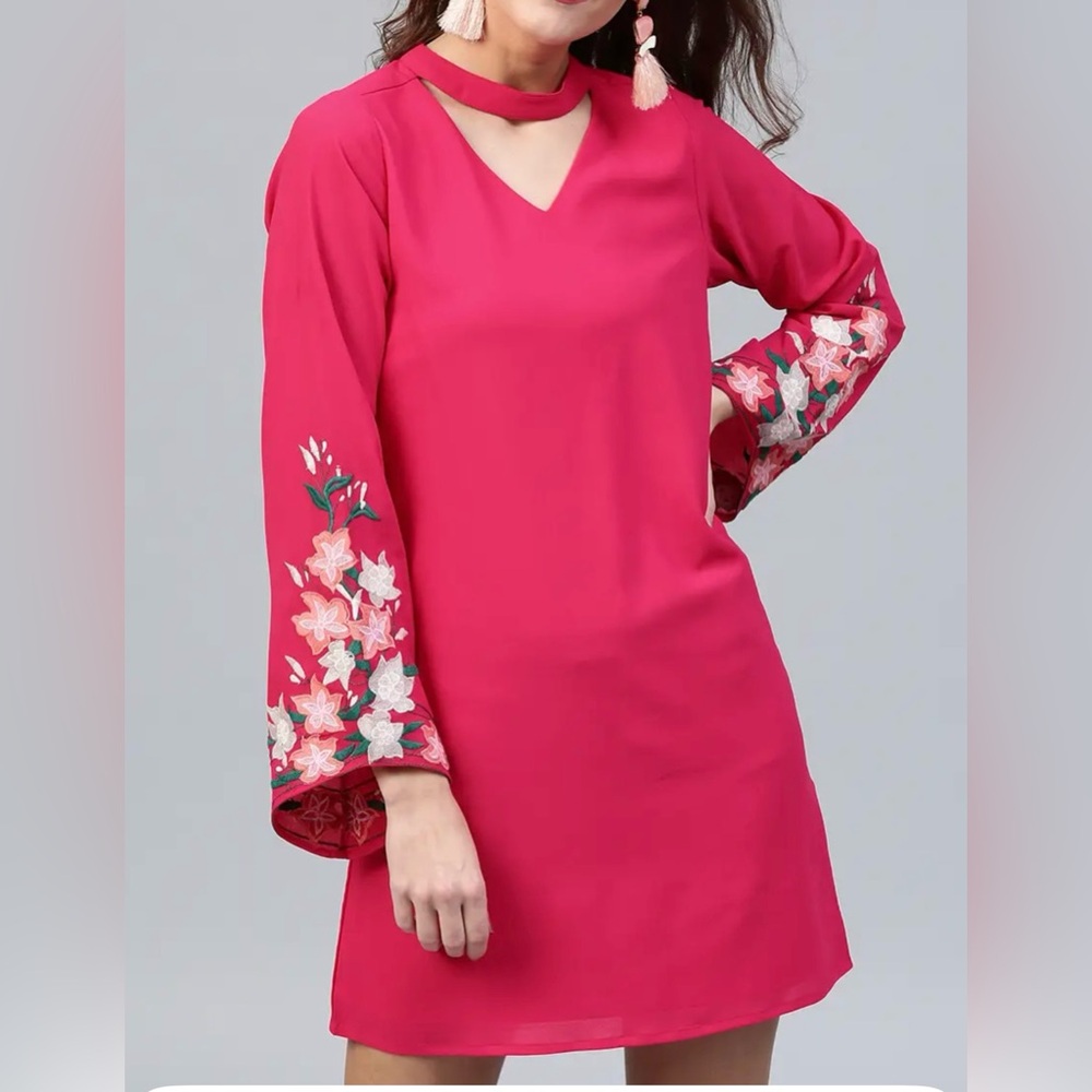 Pink Floral Embroidered Dress with cut out detailing neck .